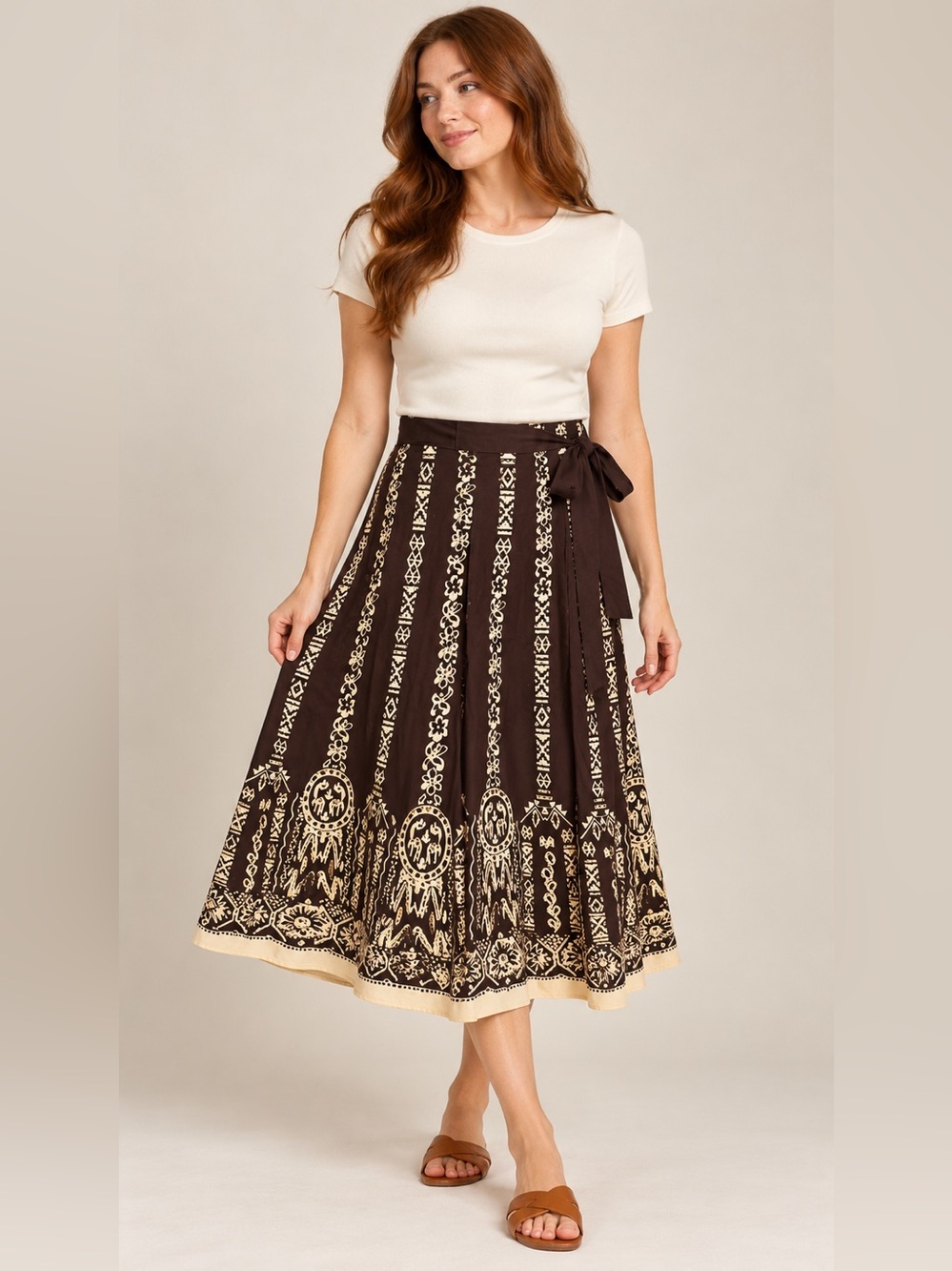 NWT Millenium Brown & Cream Printed True Wrap Midi Skirt Size S